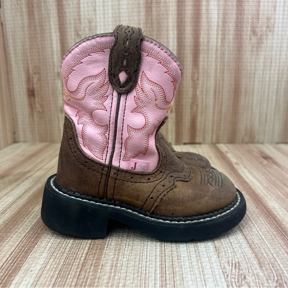 Justin Cowgirl Boots Toddler Size 8.5 D Gypsy 9901C Brown Pink Leather Round Toe - Picture 1 of 8